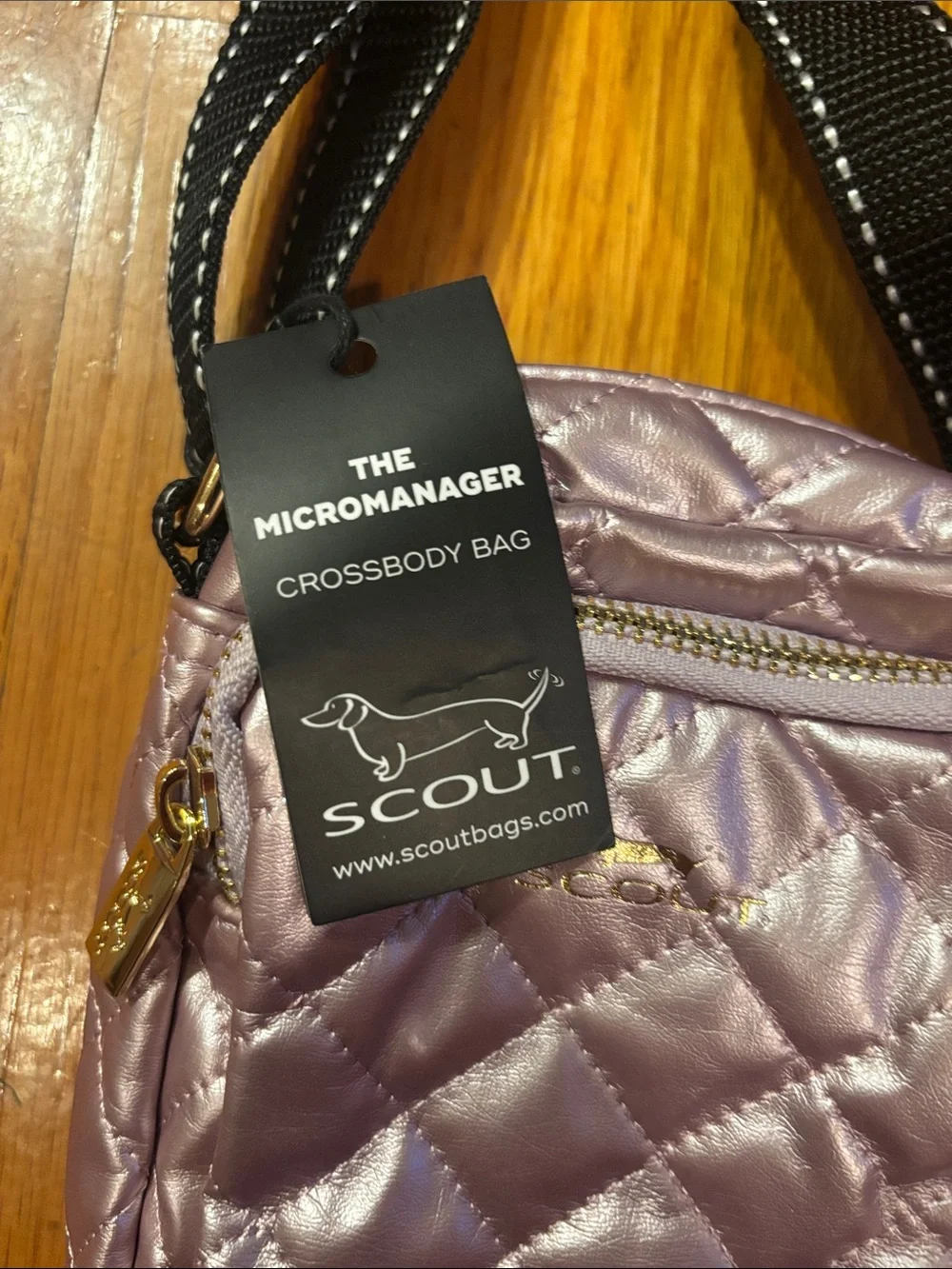 Scout Quilted Micromanager Crossbody Bag in Metallic Pink with Black Strap